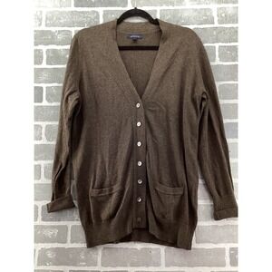 Lands End Womens Brown Cotton Cashmere V-Neck Button Cardigan Sweater M 10-12